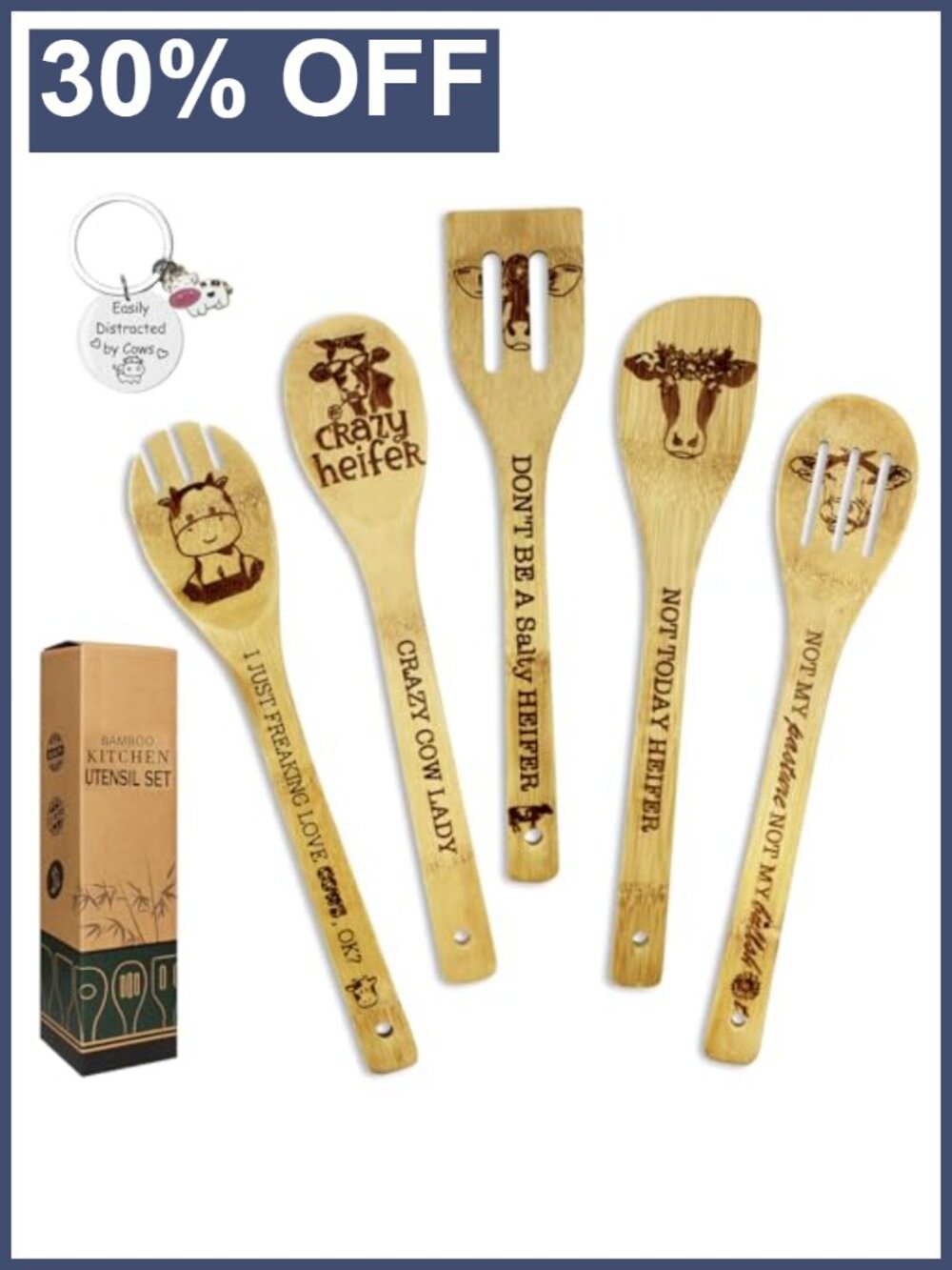 Bamboo Cow Print Cooking Spoons Spatula Set Keychain Kitchen Gift